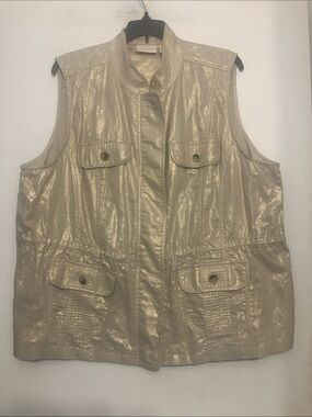 Chico's Metallic Linen-Blend Utility Vest zip front + functional pockets XL/16/3
